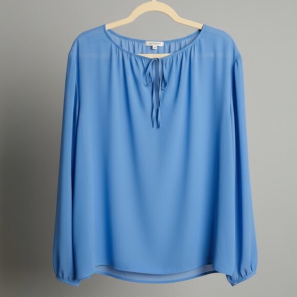 NWOT JCrew Blouse Woman's 22 Plus sz Light Blue Sheer Back Peephole tie - Picture 2 of 9